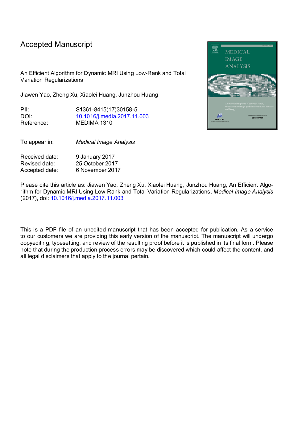 An efficient algorithm for dynamic MRI using low-rank and total variation regularizations