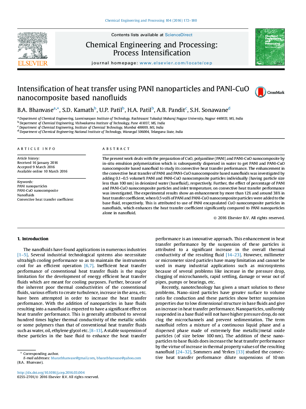 عکس صفحه اول مقاله: Intensification of heat transfer using PANI nanoparticles and PANI-CuO nanocomposite based nanofluids Intensification of heat transfer using PANI nanoparticles and PANI-CuO nanocomposite based nanofluids