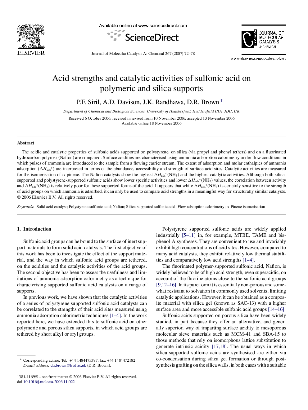 Acid strengths and catalytic activities of sulfonic acid on polymeric and silica supports