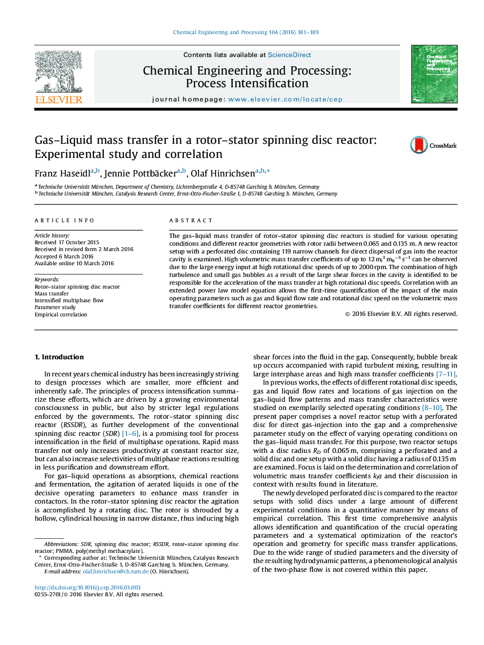 Gas–Liquid mass transfer in a rotor–stator spinning disc reactor: Experimental study and correlation