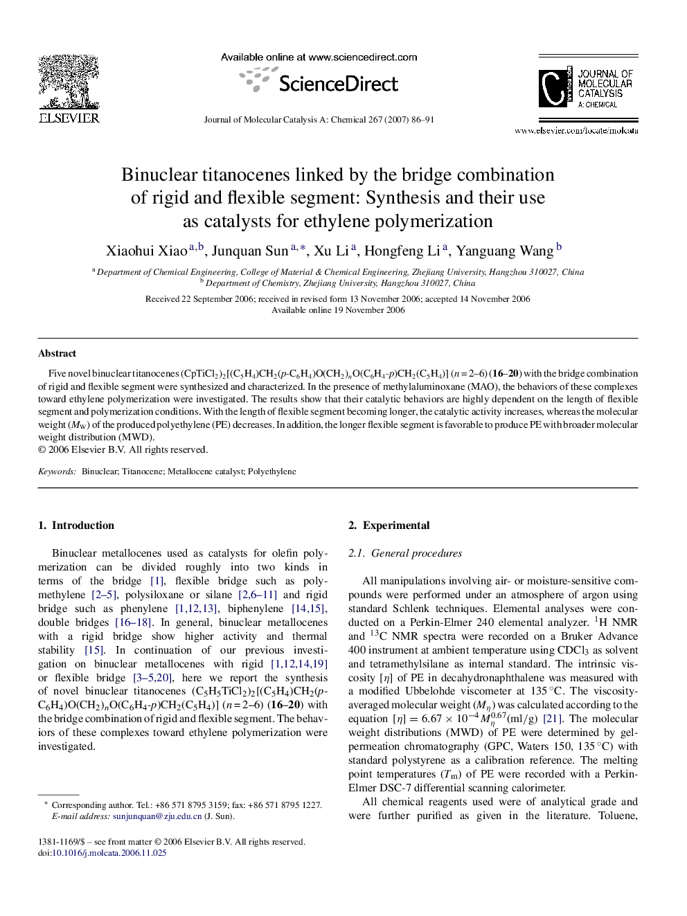 Binuclear titanocenes linked by the bridge combination of rigid and flexible segment: Synthesis and their use as catalysts for ethylene polymerization