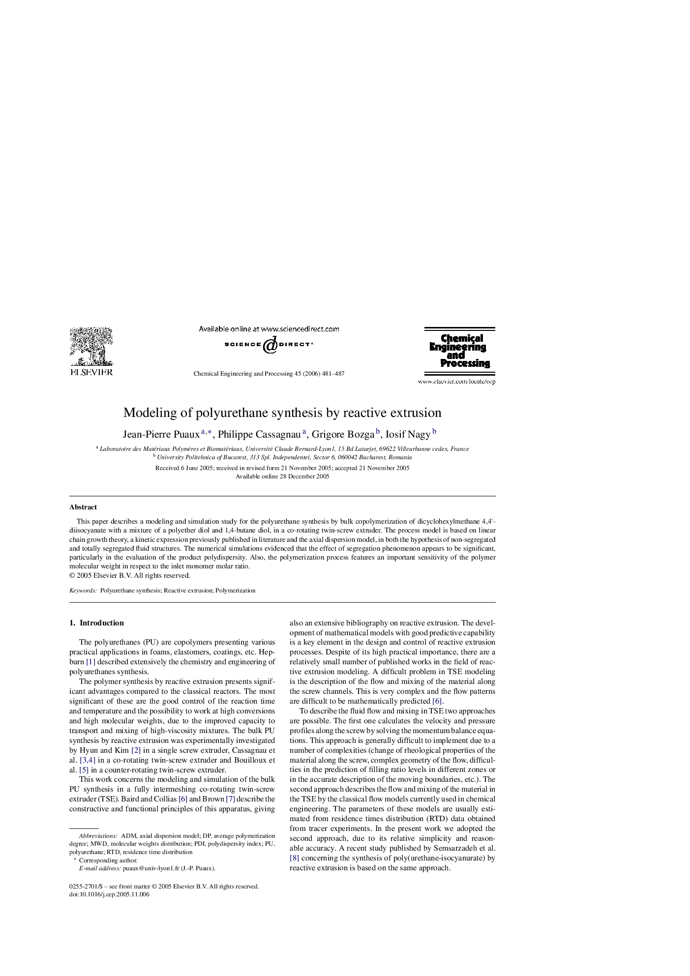 Modeling of polyurethane synthesis by reactive extrusion