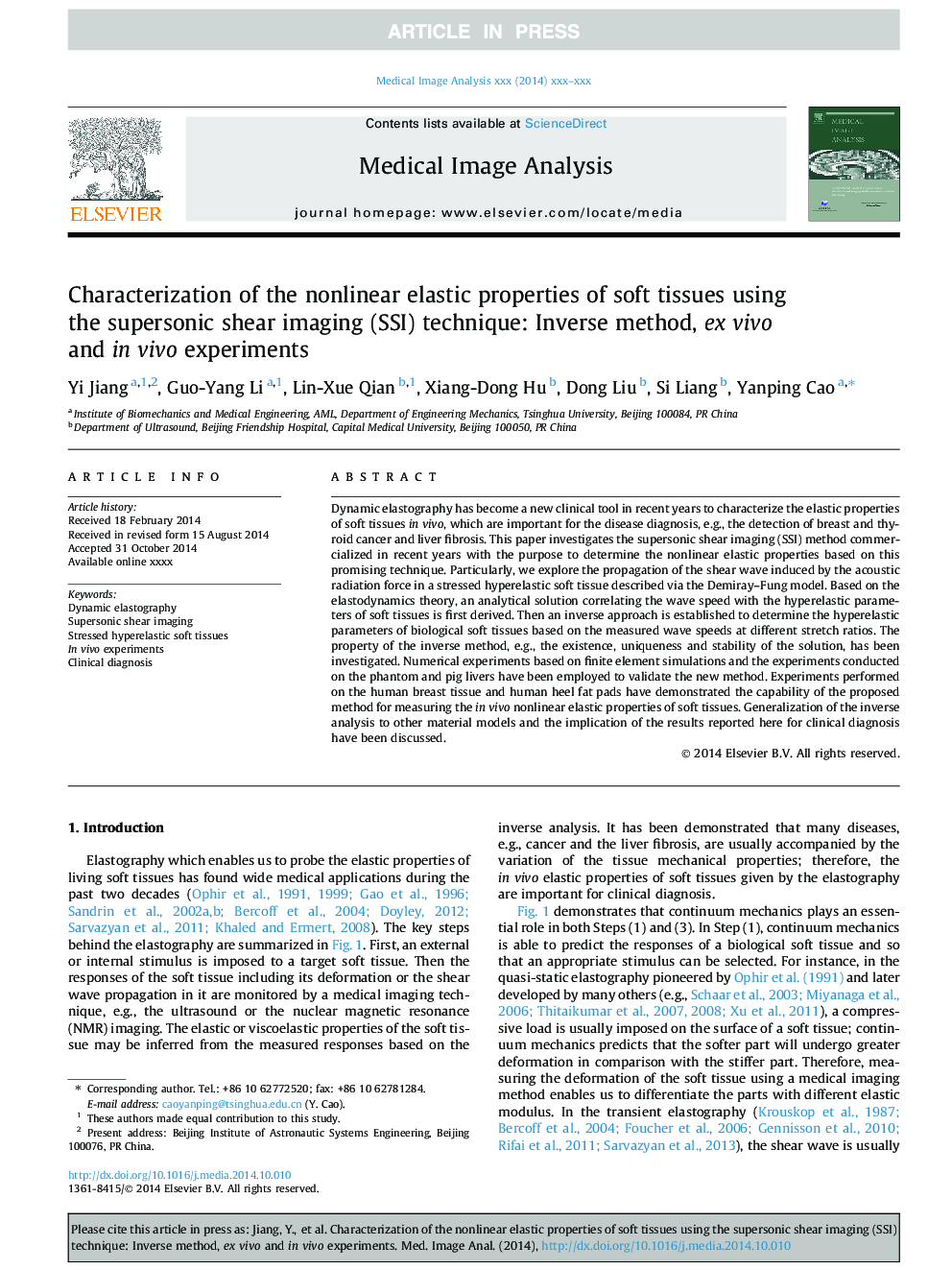 Characterization of the nonlinear elastic properties of soft tissues using the supersonic shear imaging (SSI) technique: Inverse method, ex vivo and in vivo experiments