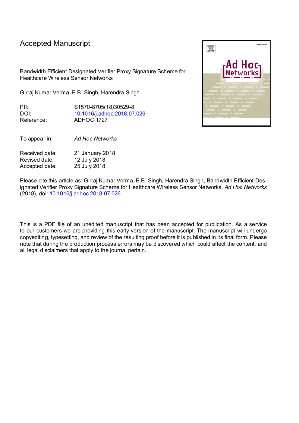 Bandwidth efficient designated verifier proxy signature scheme for healthcare wireless sensor networks