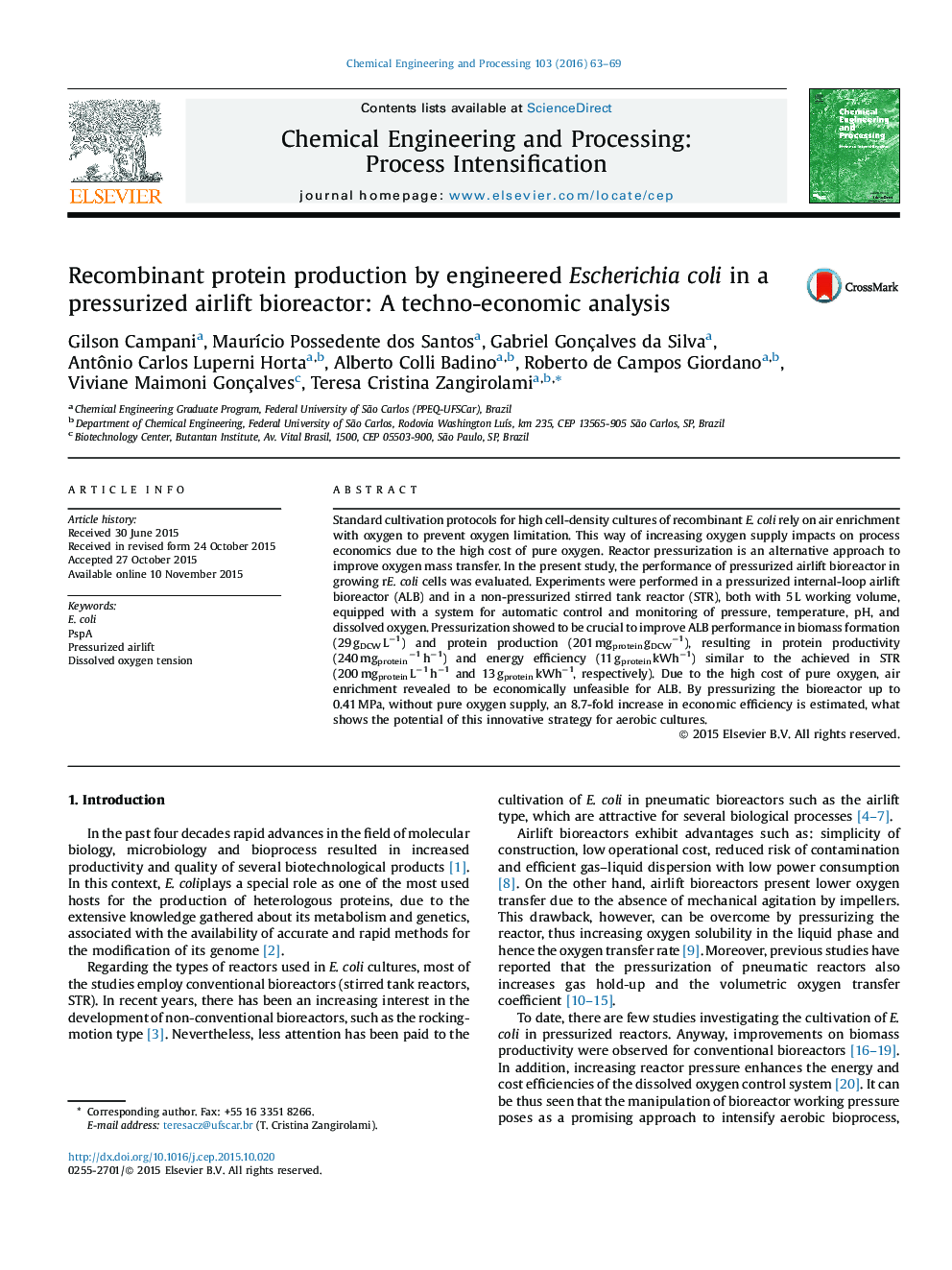 Recombinant protein production by engineered Escherichia coli in a pressurized airlift bioreactor: A techno-economic analysis