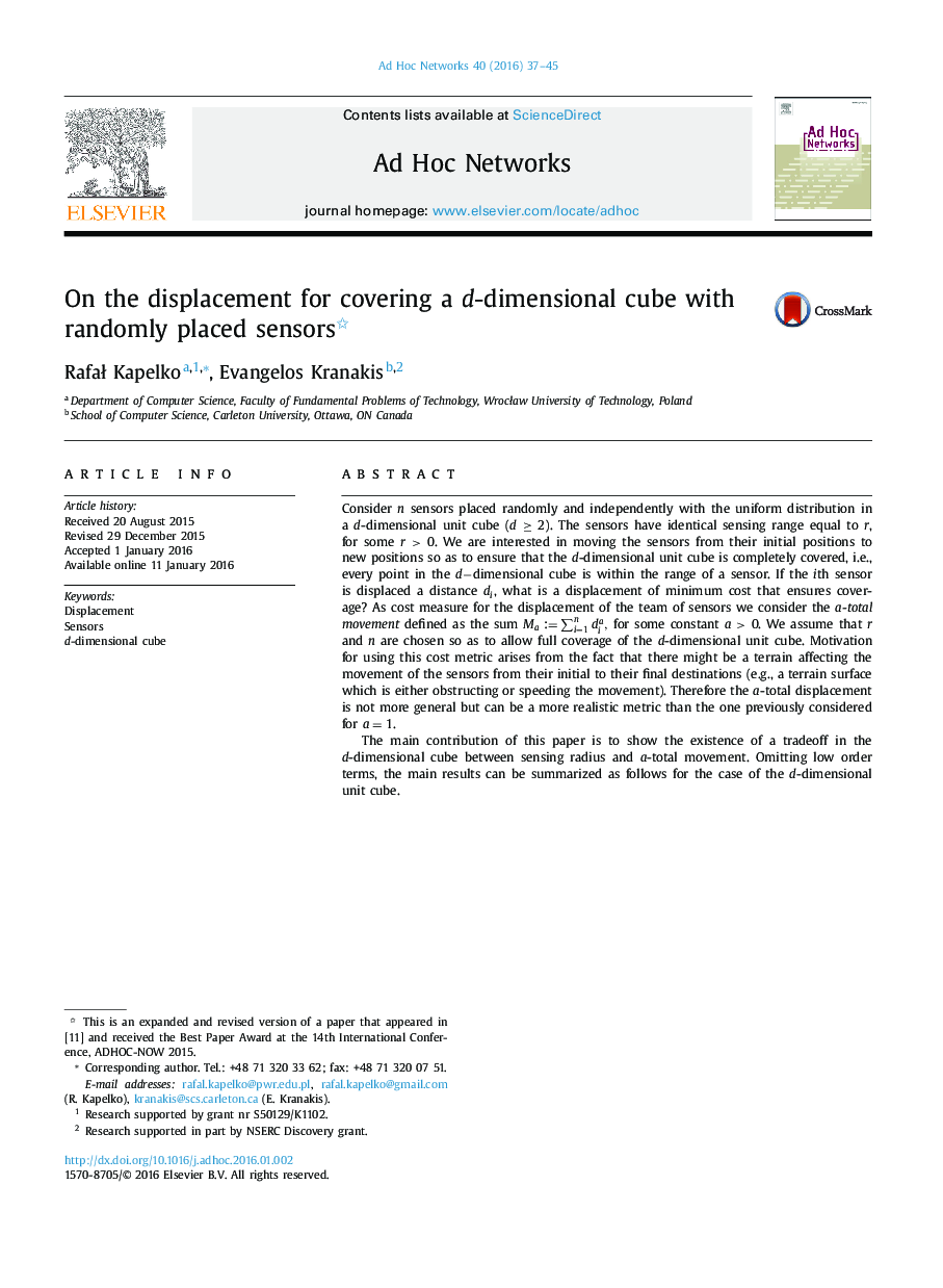 On the displacement for covering a d-dimensional cube with randomly placed sensors