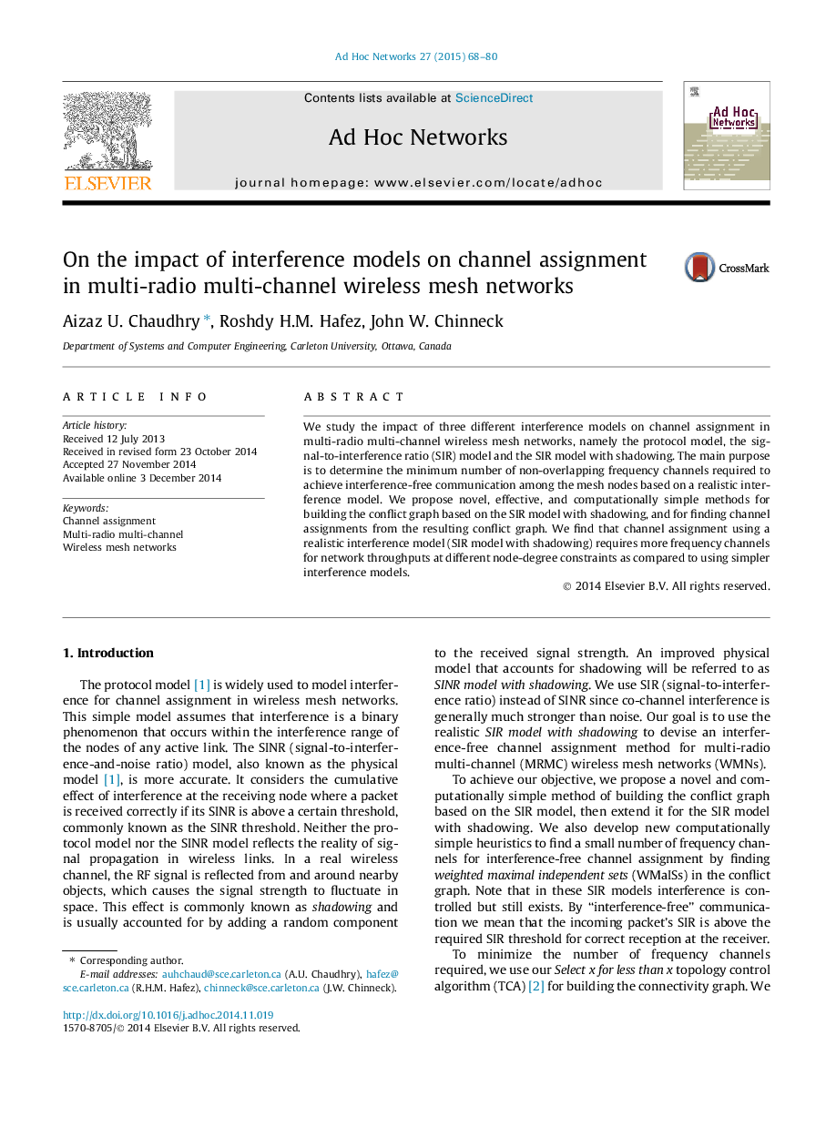 On the impact of interference models on channel assignment in multi-radio multi-channel wireless mesh networks