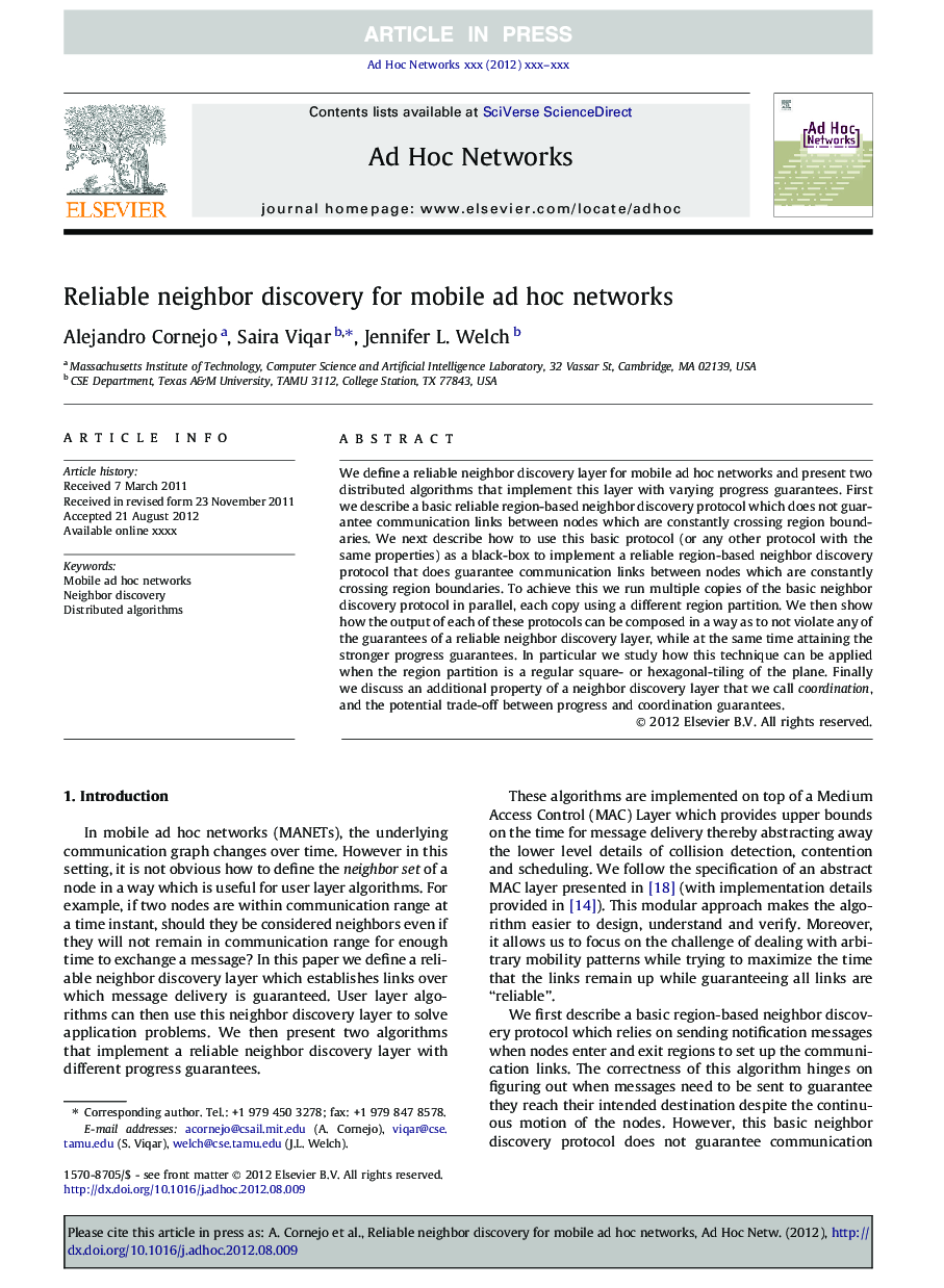 Reliable neighbor discovery for mobile ad hoc networks