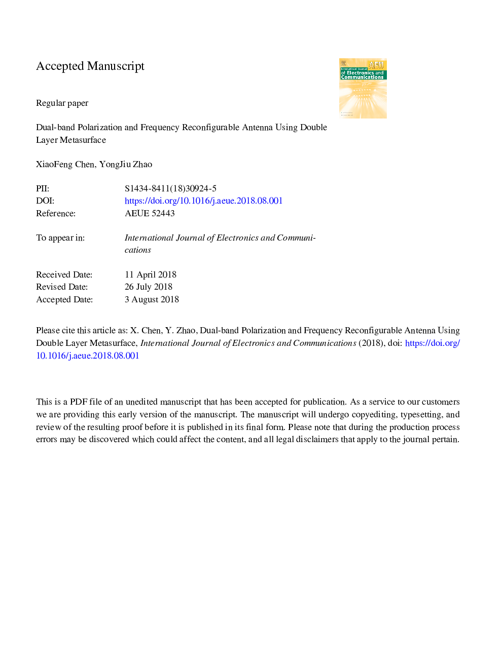 Dual-band polarization and frequency reconfigurable antenna using double layer metasurface