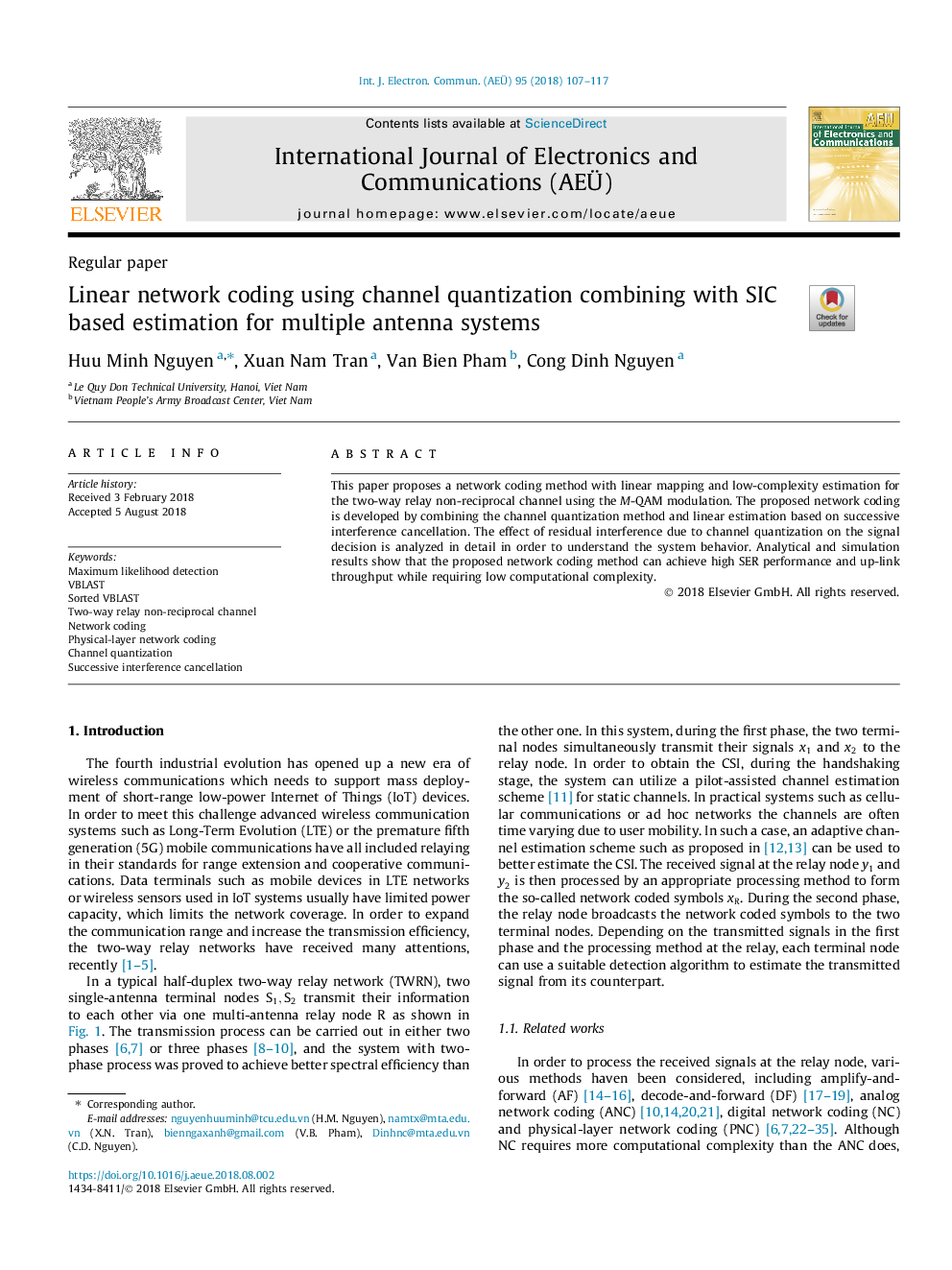 Linear network coding using channel quantization combining with SIC based estimation for multiple antenna systems