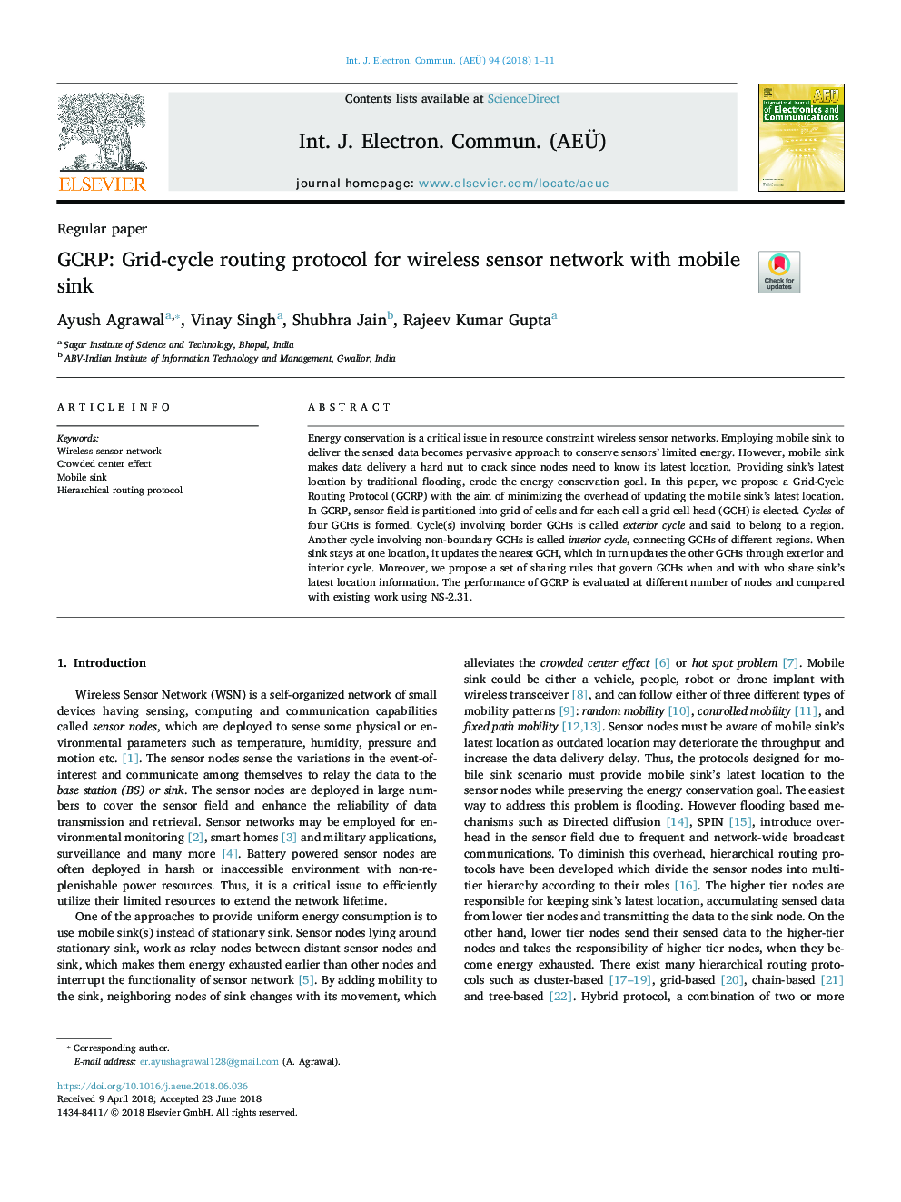 GCRP: Grid-cycle routing protocol for wireless sensor network with mobile sink