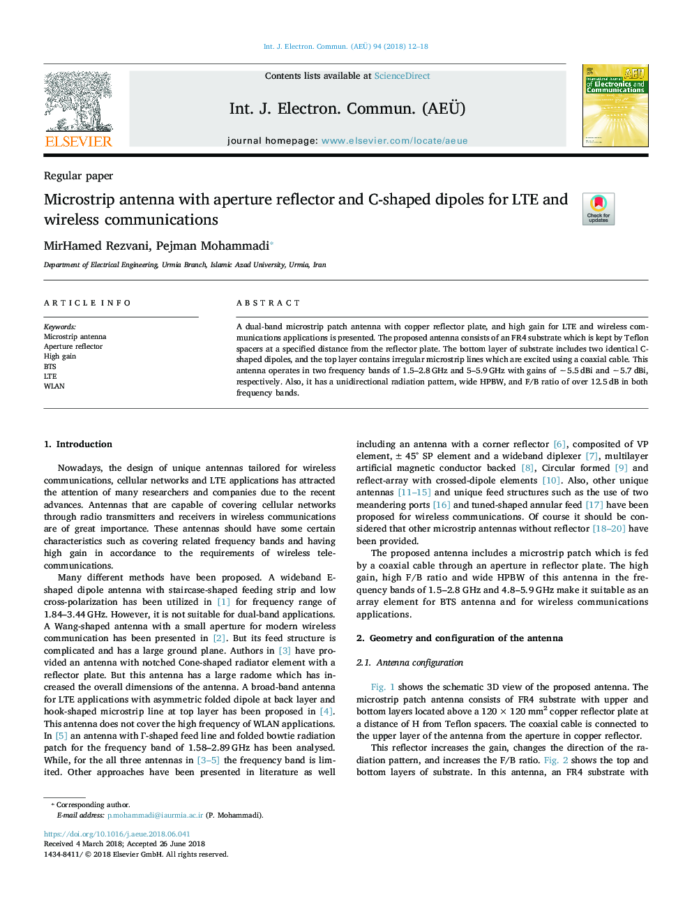 Microstrip antenna with aperture reflector and C-shaped dipoles for LTE and wireless communications