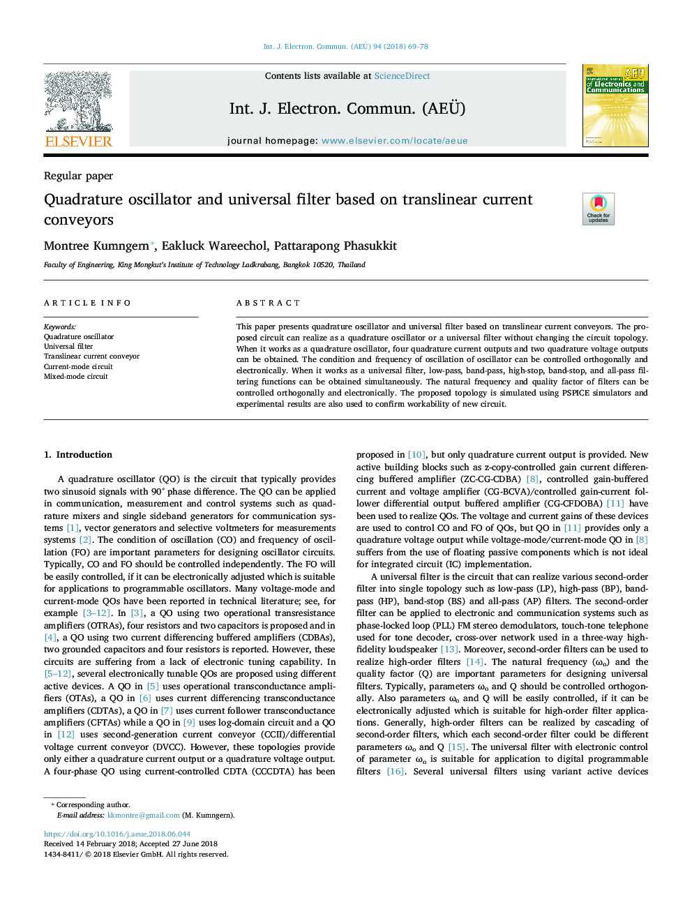 Quadrature oscillator and universal filter based on translinear current conveyors