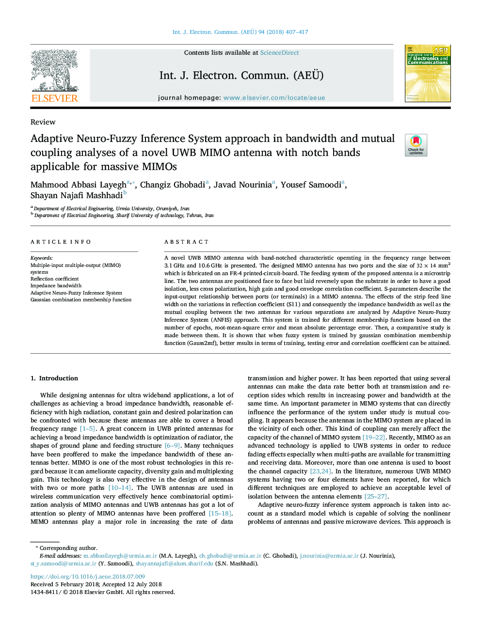 Adaptive Neuro-Fuzzy Inference System approach in bandwidth and mutual coupling analyses of a novel UWB MIMO antenna with notch bands applicable for massive MIMOs