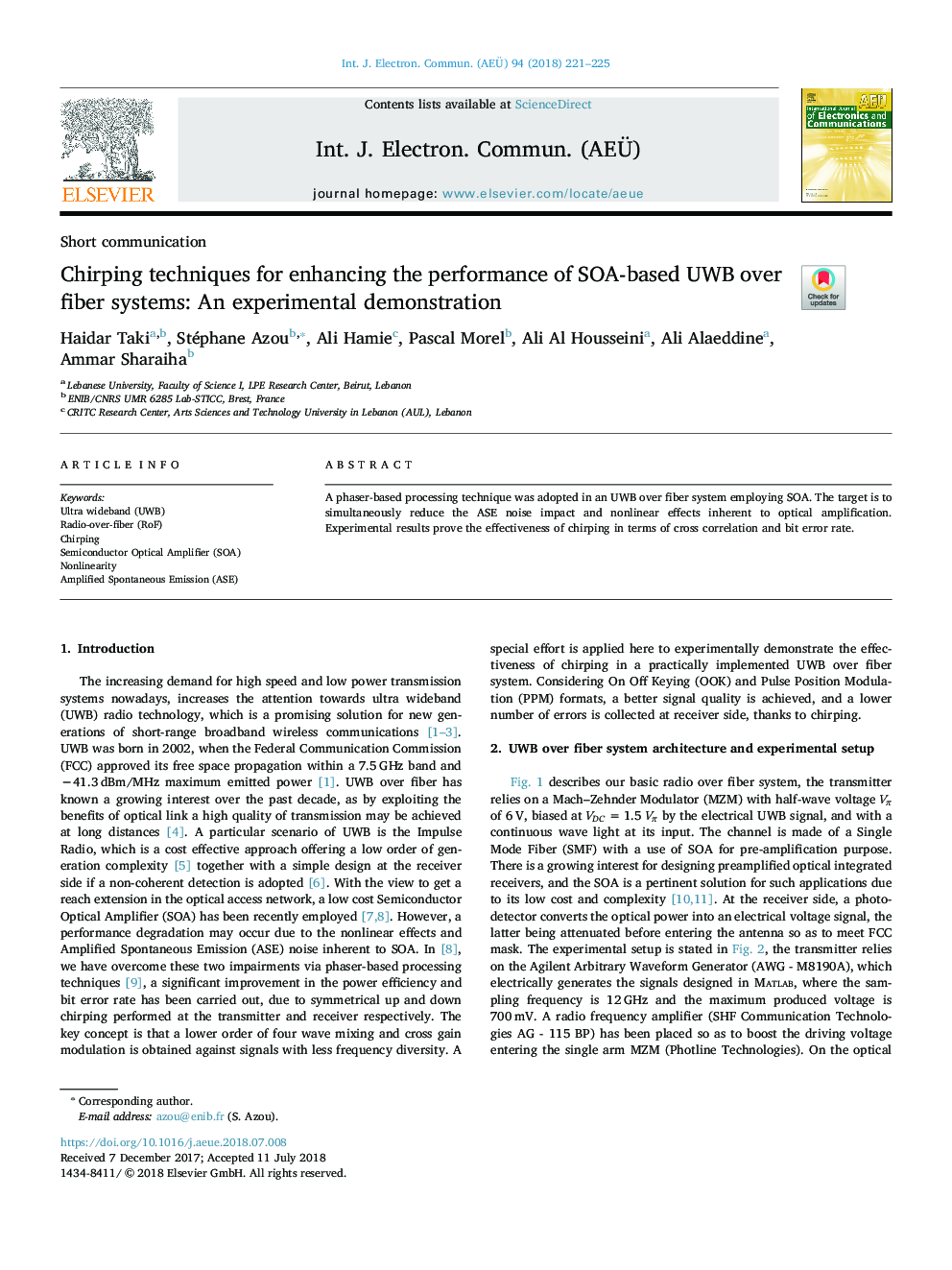 Chirping techniques for enhancing the performance of SOA-based UWB over fiber systems: An experimental demonstration