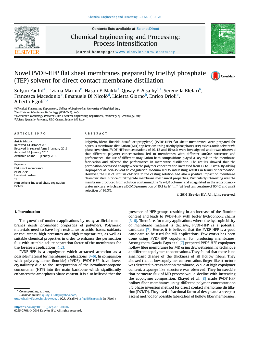 Novel PVDF-HFP flat sheet membranes prepared by triethyl phosphate (TEP) solvent for direct contact membrane distillation