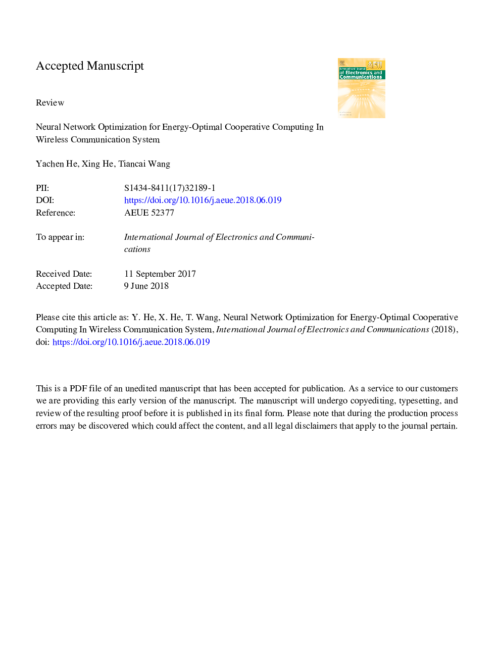 Neural network optimization for energy-optimal cooperative computing in wireless communication system