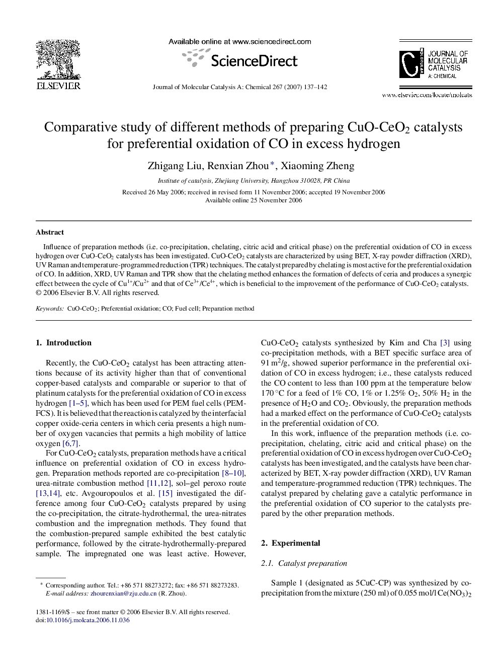 Comparative study of different methods of preparing CuO-CeO2 catalysts for preferential oxidation of CO in excess hydrogen