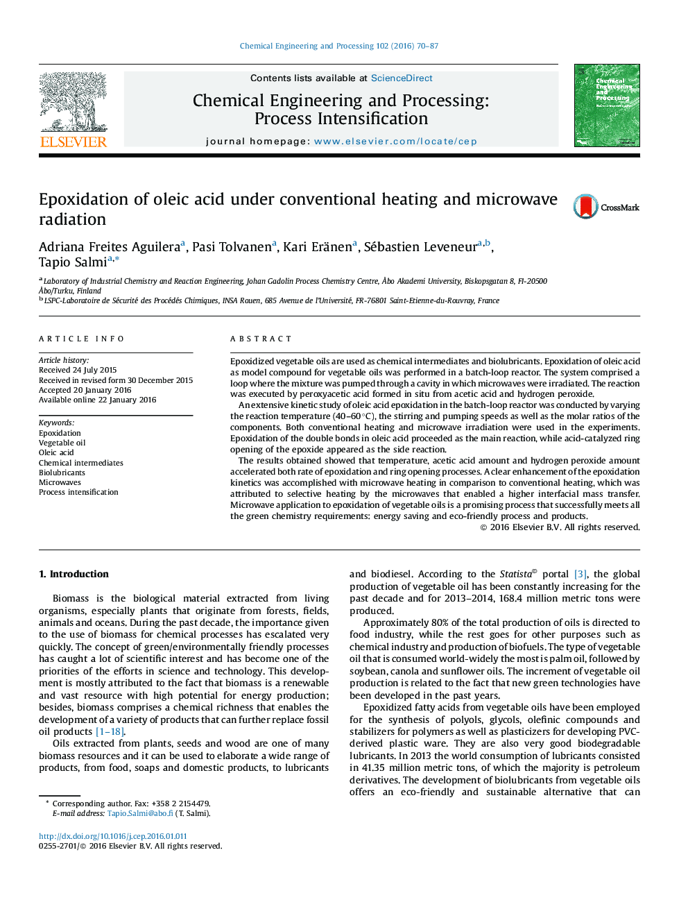 Epoxidation of oleic acid under conventional heating and microwave radiation