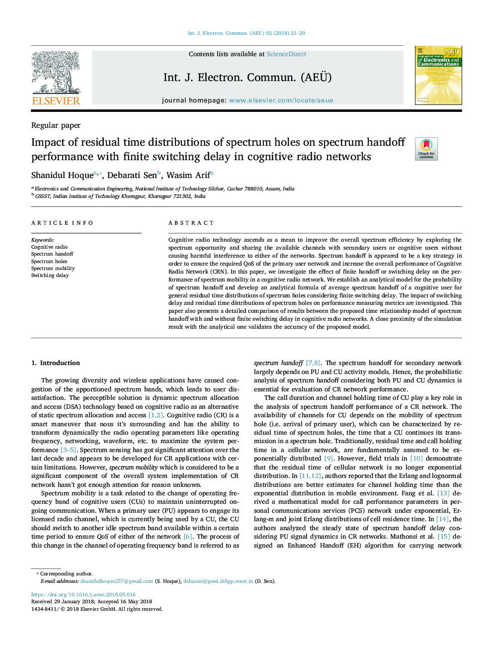 Impact of residual time distributions of spectrum holes on spectrum handoff performance with finite switching delay in cognitive radio networks