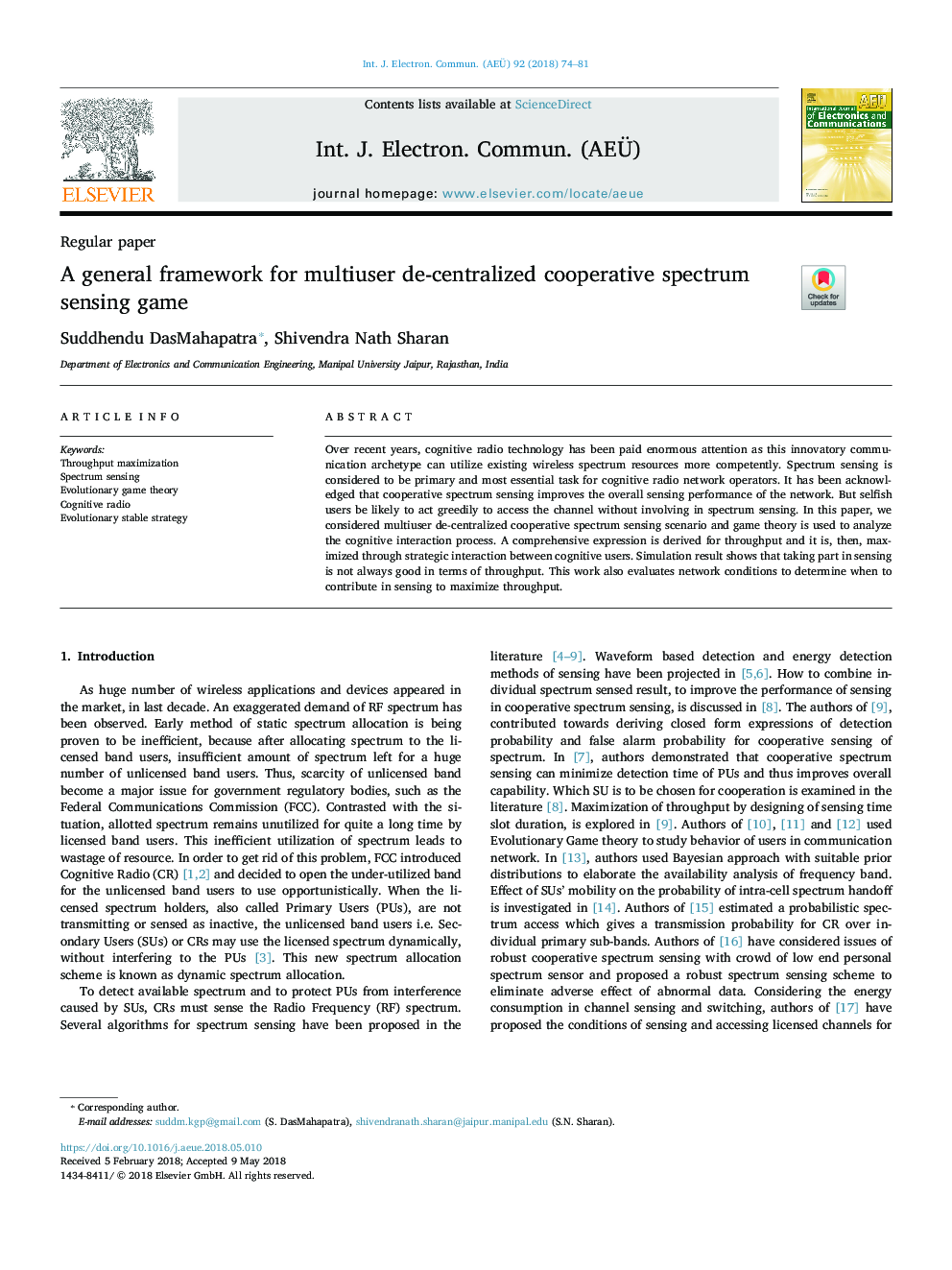 A general framework for multiuser de-centralized cooperative spectrum sensing game