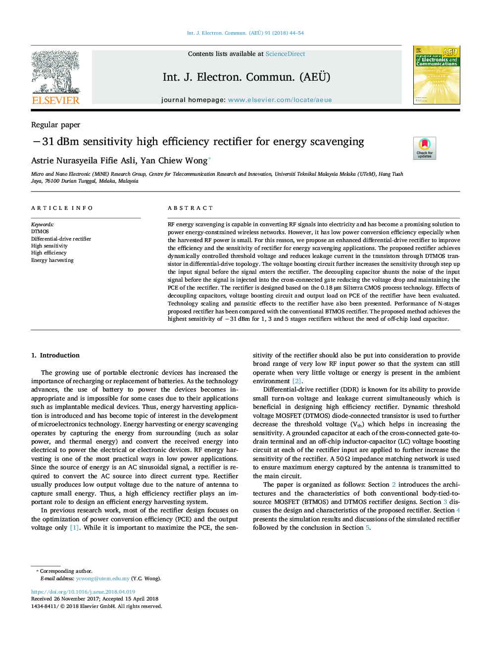 â31â¯dBm sensitivity high efficiency rectifier for energy scavenging