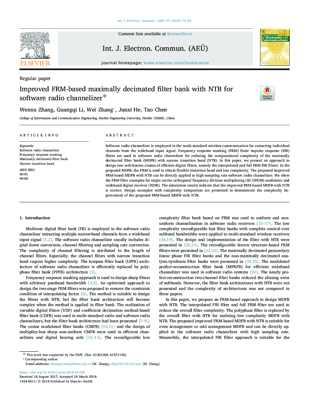 Improved FRM-based maximally decimated filter bank with NTB for software radio channelizer