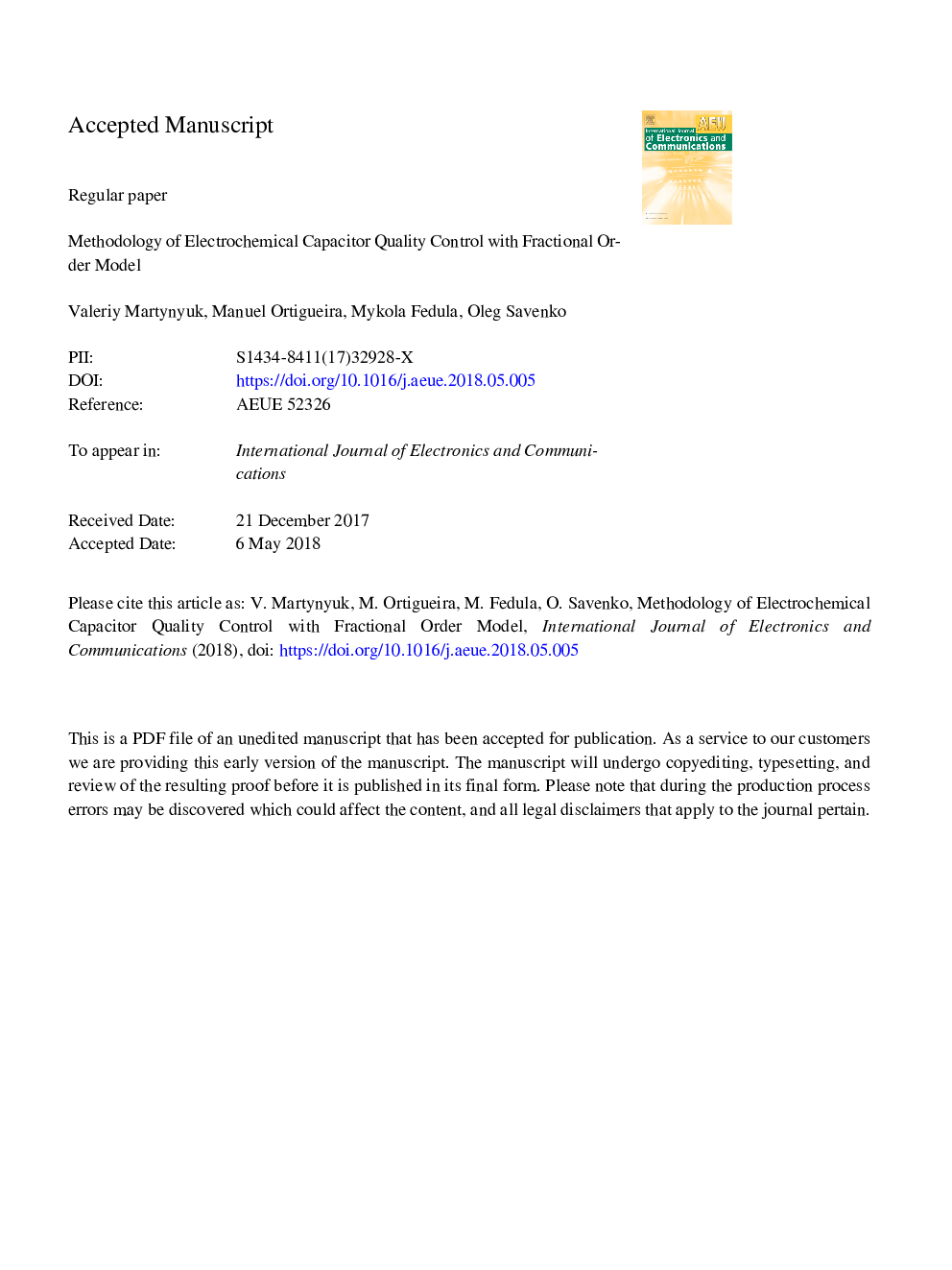 Methodology of electrochemical capacitor quality control with fractional order model