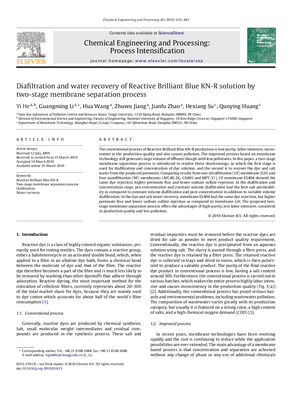 عکس صفحه اول مقاله: Diafiltration and water recovery of Reactive Brilliant Blue KN-R solution by two-stage membrane separation process Diafiltration and water recovery of Reactive Brilliant Blue KN-R solution by two-stage membrane separation process