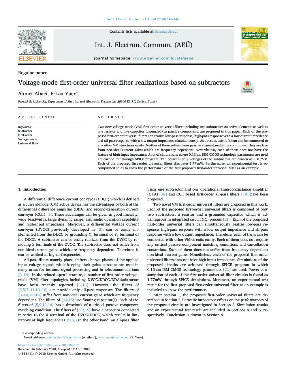 Voltage-mode first-order universal filter realizations based on subtractors