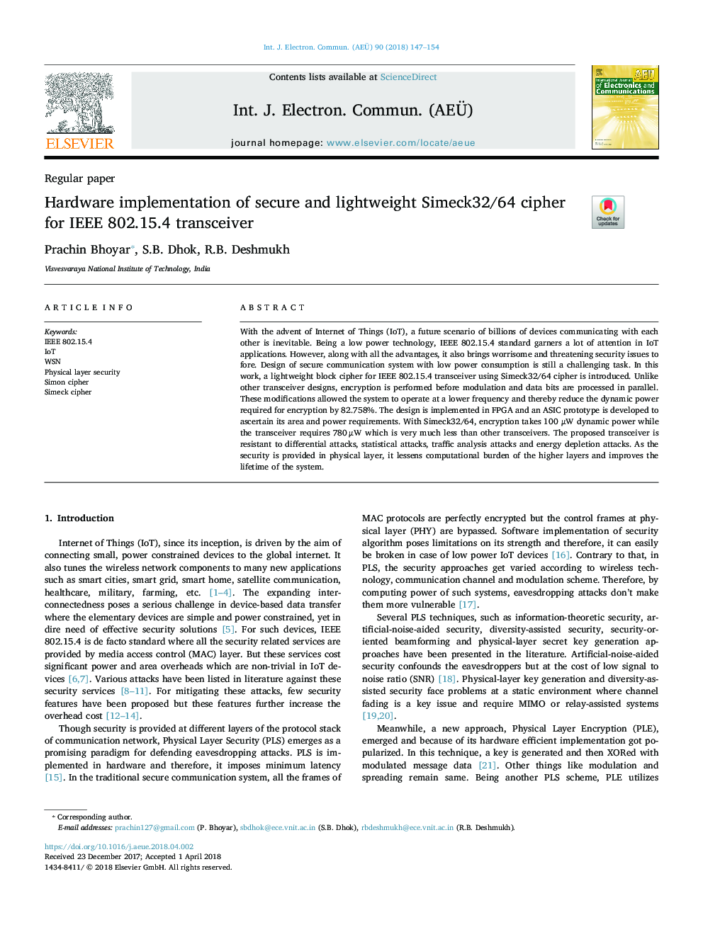 Hardware implementation of secure and lightweight Simeck32/64 cipher for IEEE 802.15.4 transceiver