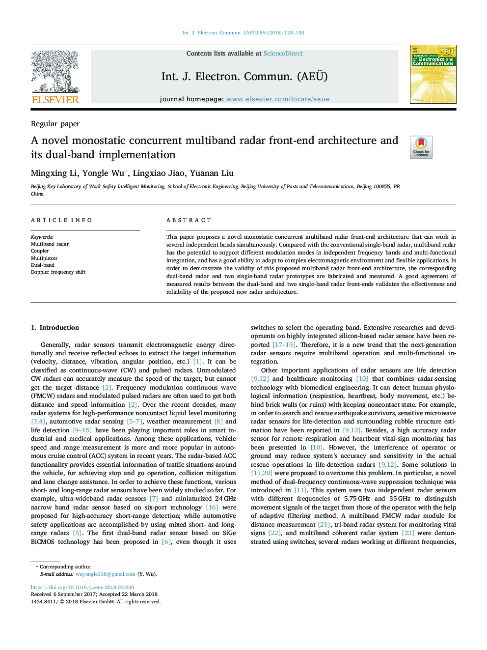 A novel monostatic concurrent multiband radar front-end architecture and its dual-band implementation