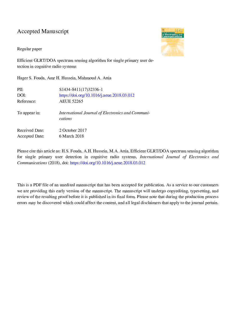 Efficient GLRT/DOA spectrum sensing algorithm for single primary user detection in cognitive radio systems