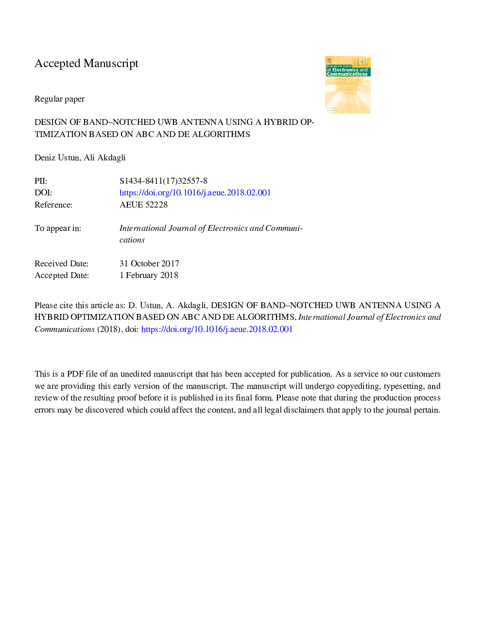 Design of band-notched UWB antenna using a hybrid optimization based on ABC and DE algorithms