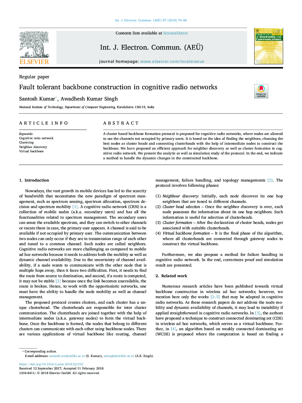 Fault tolerant backbone construction in cognitive radio networks