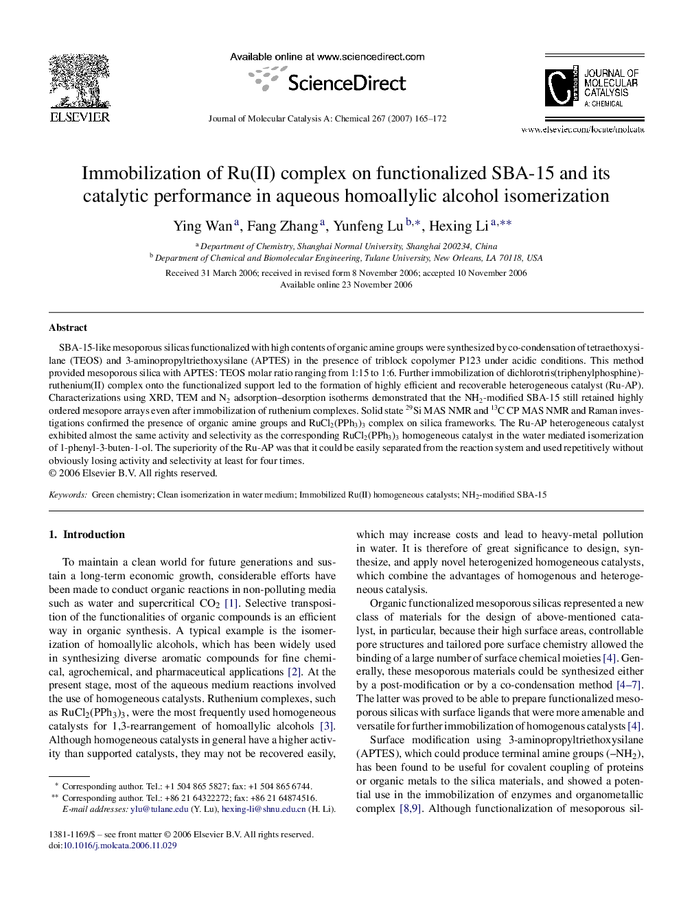 Immobilization of Ru(II) complex on functionalized SBA-15 and its catalytic performance in aqueous homoallylic alcohol isomerization