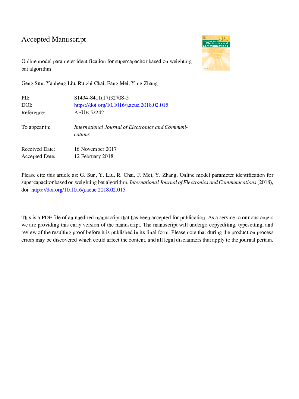 Online model parameter identification for supercapacitor based on weighting bat algorithm