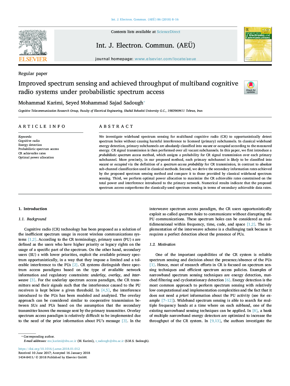 Improved spectrum sensing and achieved throughput of multiband cognitive radio systems under probabilistic spectrum access