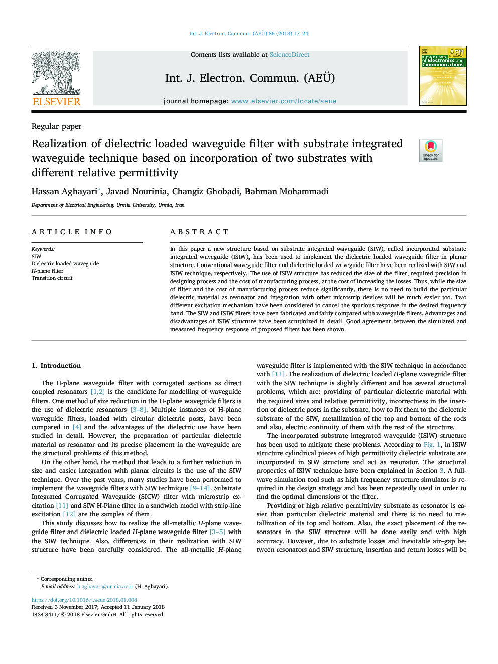 Realization of dielectric loaded waveguide filter with substrate integrated waveguide technique based on incorporation of two substrates with different relative permittivity