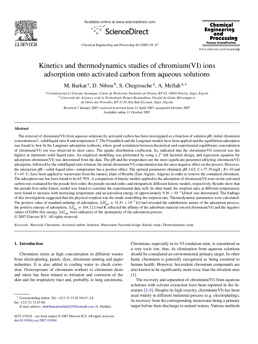 Kinetics and thermodynamics studies of chromium(VI) ions adsorption onto activated carbon from aqueous solutions