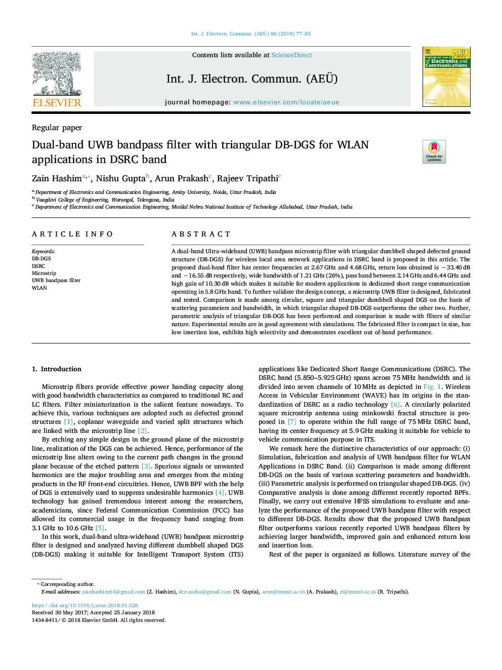 Dual-band UWB bandpass filter with triangular DB-DGS for WLAN applications in DSRC band