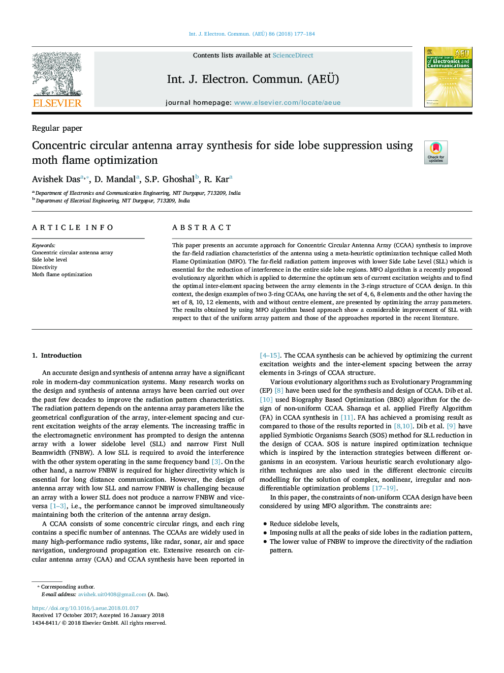 Concentric circular antenna array synthesis for side lobe suppression using moth flame optimization