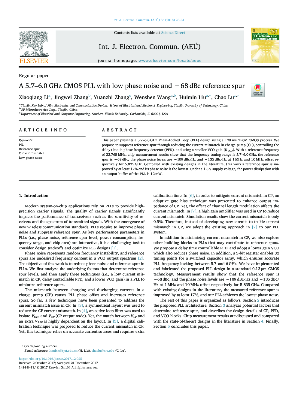 A 5.7-6.0â¯GHz CMOS PLL with low phase noise and â68â¯dBc reference spur