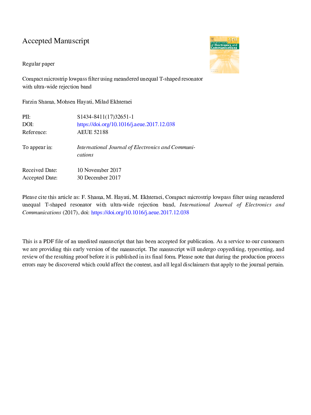 Compact microstrip lowpass filter using meandered unequal T-shaped resonator with ultra-wide rejection band