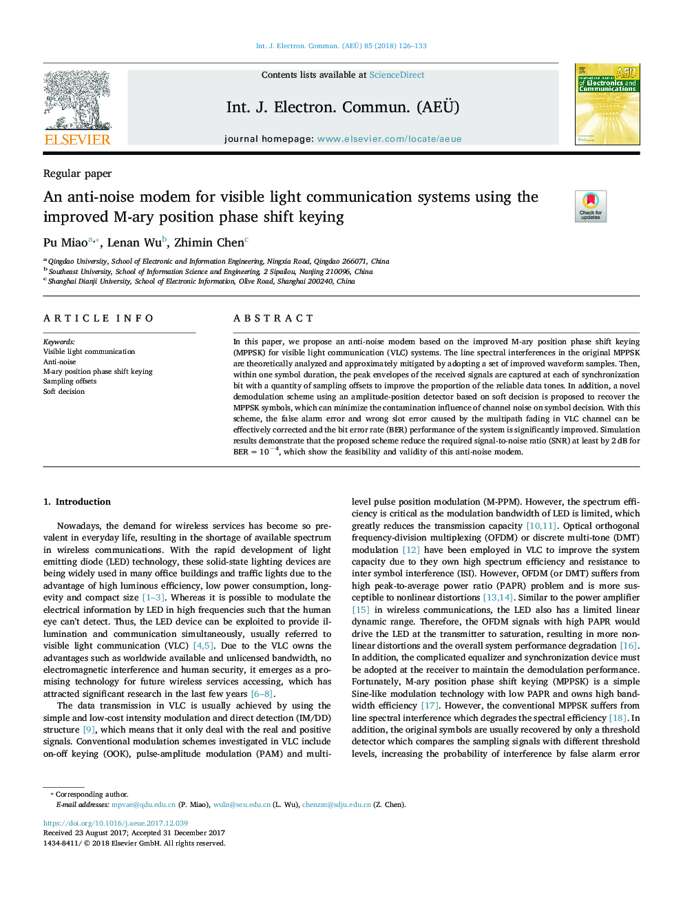 An anti-noise modem for visible light communication systems using the improved M-ary position phase shift keying