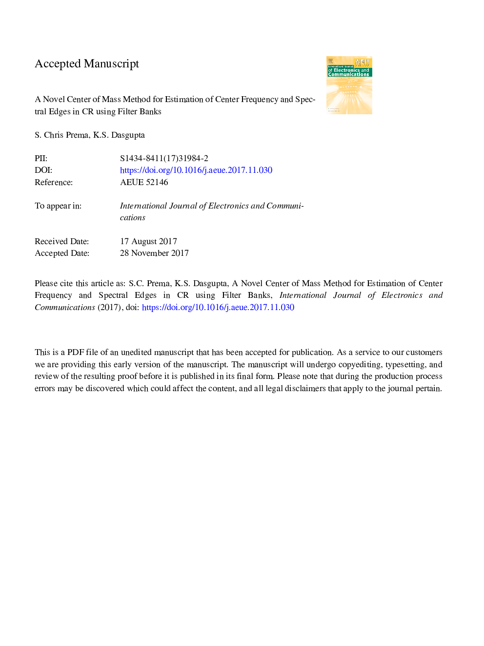 A novel center of mass method for estimation of center frequency and spectral edges in CR using filter banks