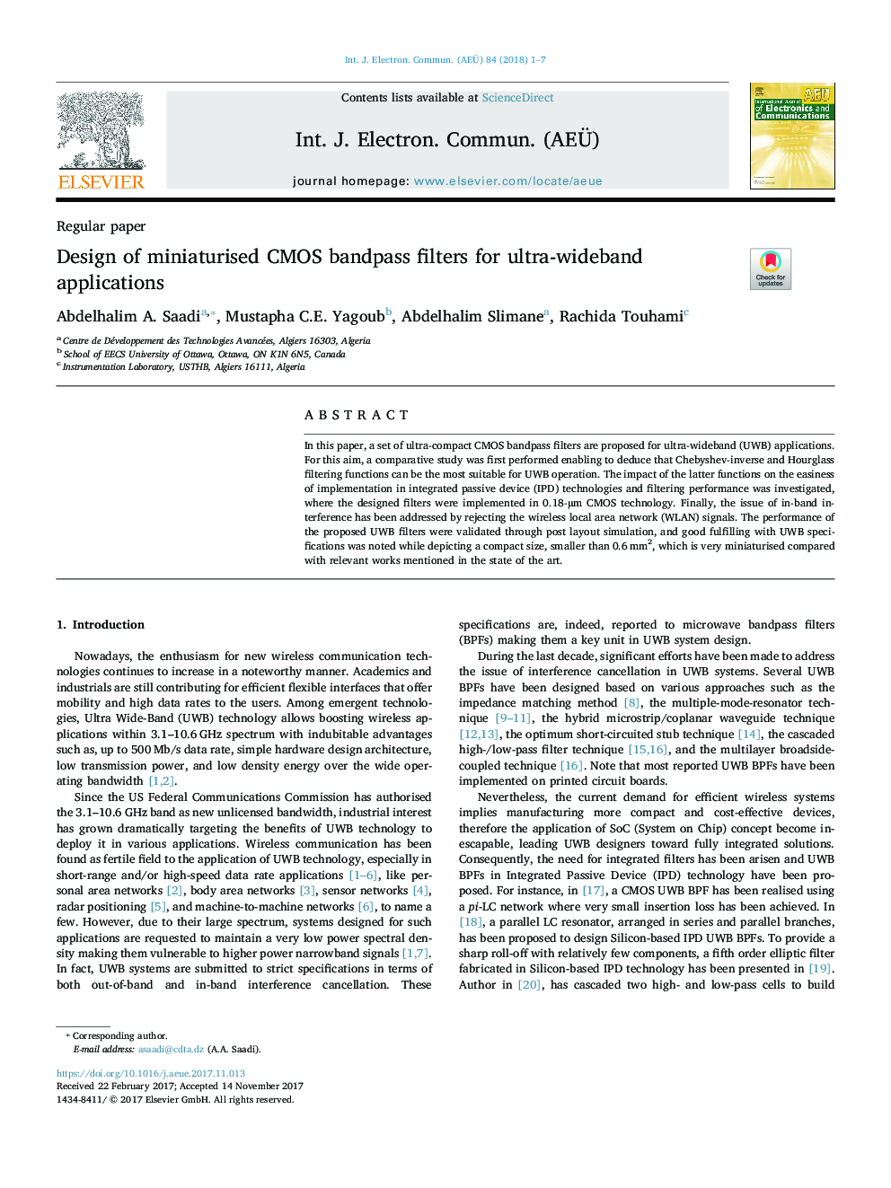 عکس صفحه اول مقاله: Design of miniaturised CMOS bandpass filters for ultra-wideband applications Design of miniaturised CMOS bandpass filters for ultra-wideband applications