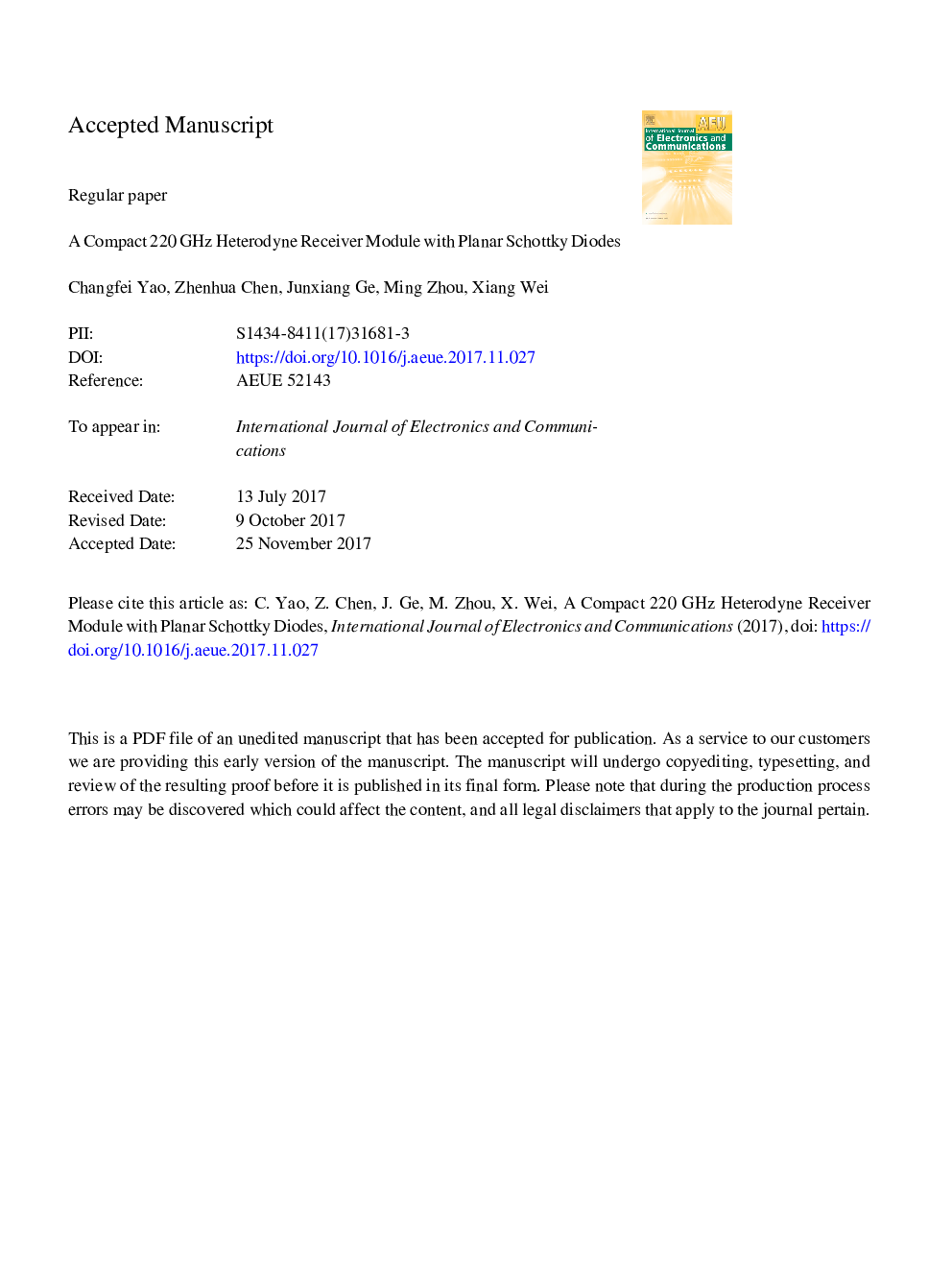 عکس صفحه اول مقاله: A compact 220â¯GHz heterodyne receiver module with planar Schottky diodes A compact 220â¯GHz heterodyne receiver module with planar Schottky diodes