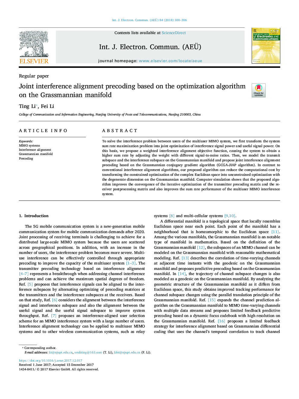 Joint interference alignment precoding based on the optimization algorithm on the Grassmannian manifold