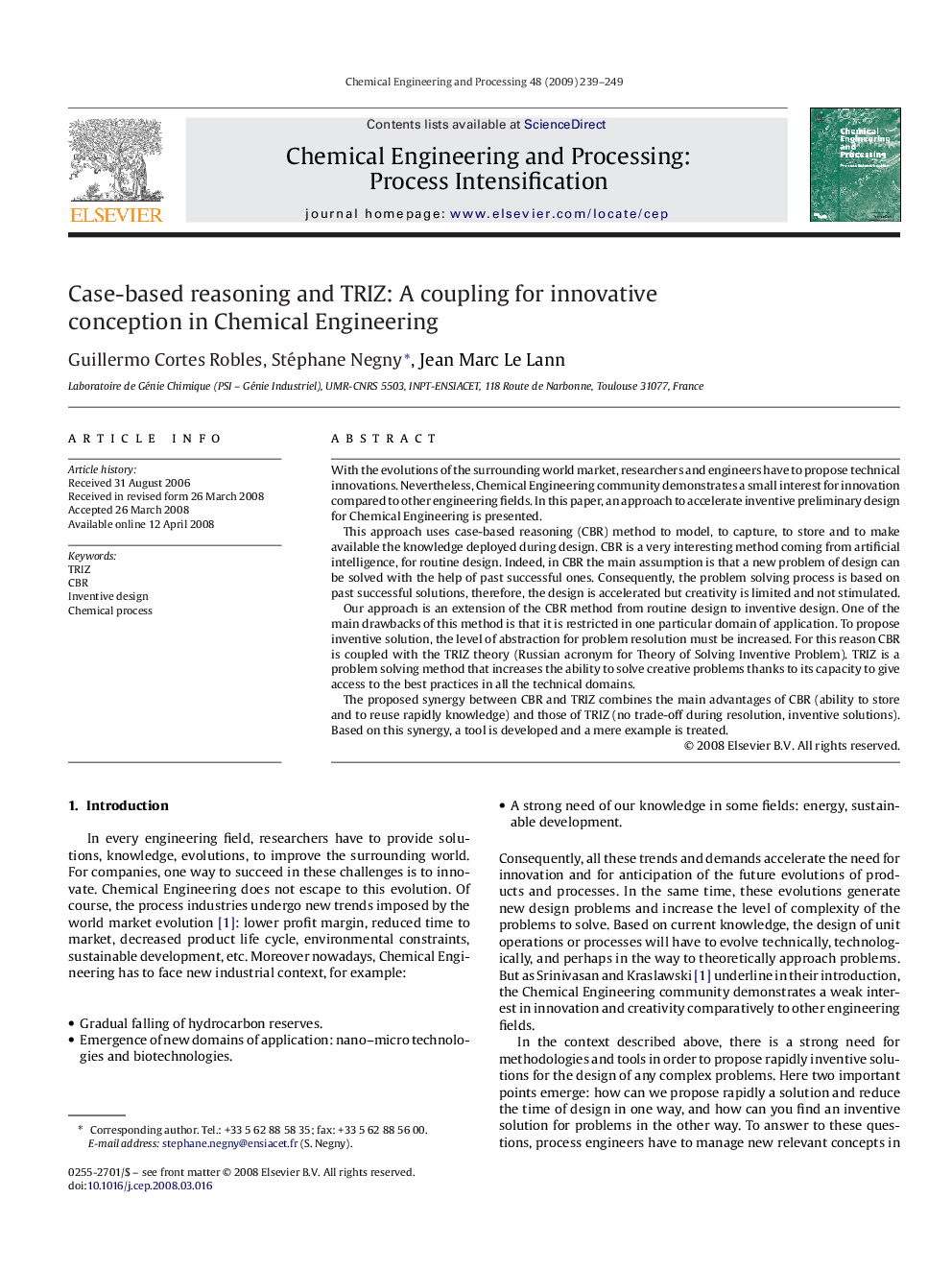 Case-based reasoning and TRIZ: A coupling for innovative conception in Chemical Engineering